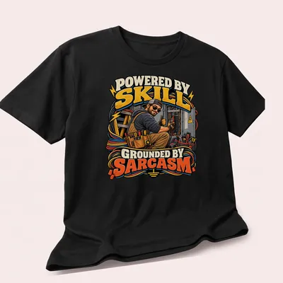 Bold typography t-shirt with the phrase 'Powered By Skill Grounded By Sarcasm' and electrician tools — printed on a unisex t-shirt (angled view)