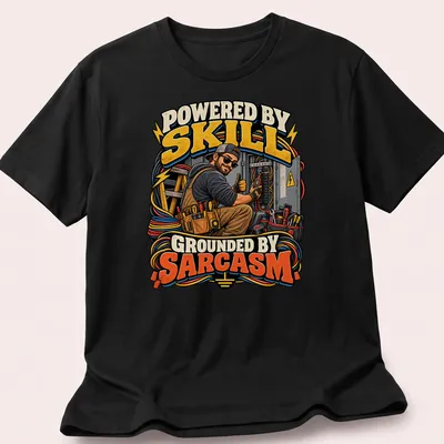 Bold typography t-shirt with the phrase 'Powered By Skill Grounded By Sarcasm' and electrician tools — printed on a unisex t-shirt