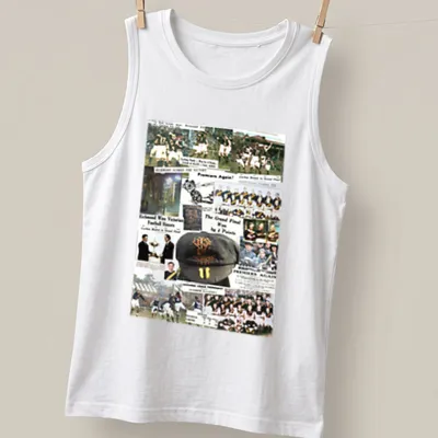 Richmond VFL team collage design with 'Premiers Again' text in black, gold, and white — printed on a tank top