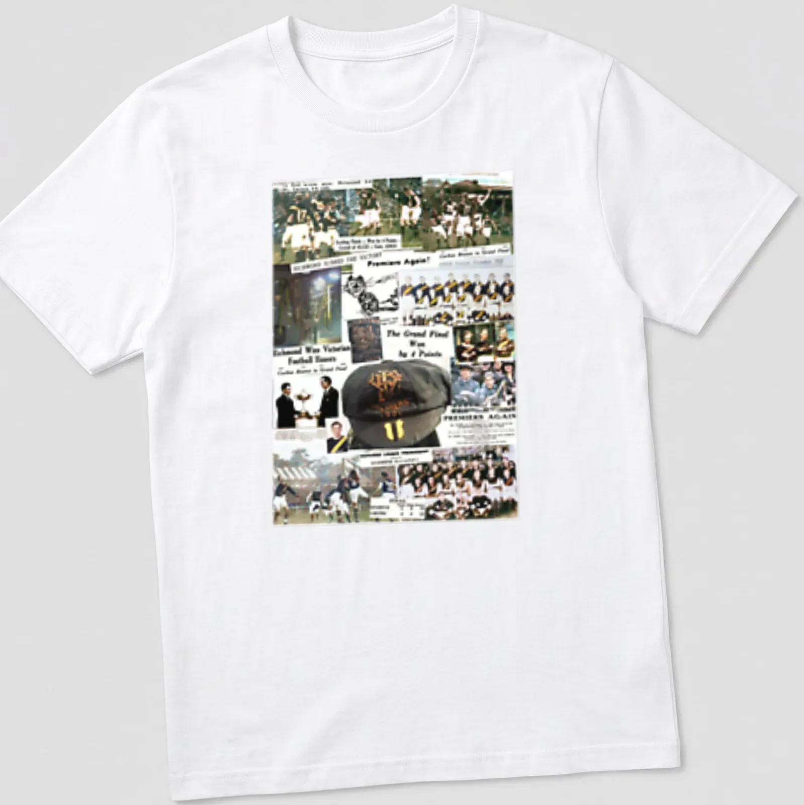 Richmond VFL team collage design with 'Premiers Again' text in black, gold, and white — printed on a unisex t-shirt
