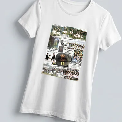 Richmond VFL team collage design with 'Premiers Again' text in black, gold, and white — printed on a women's shirt