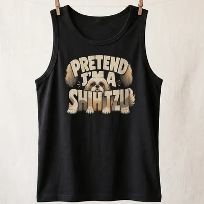 Cartoon graphic of a Shih Tzu with funny text above it — printed on a tank top