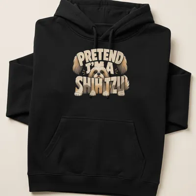 Cartoon graphic of a Shih Tzu with funny text above it — printed on a unisex hoodie