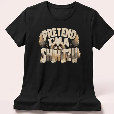 Cartoon graphic of a Shih Tzu with funny text above it — printed on a women's shirt