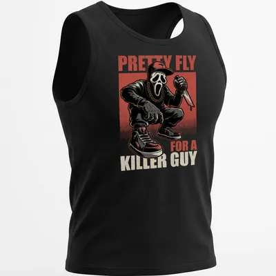 Comic style horror movie t-shirt featuring a masked character with a knife and bold text — printed on a tank top
