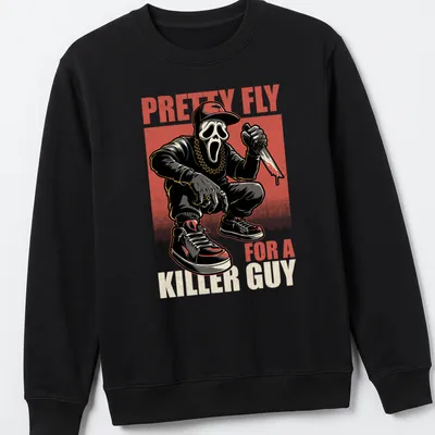 Comic style horror movie t-shirt featuring a masked character with a knife and bold text — printed on a unisex sweatshirt