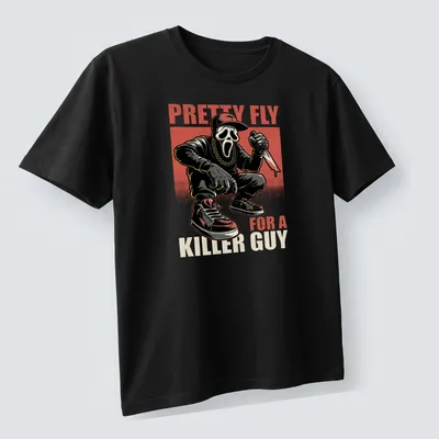 Comic style horror movie t-shirt featuring a masked character with a knife and bold text — printed on a unisex t-shirt (angled view)