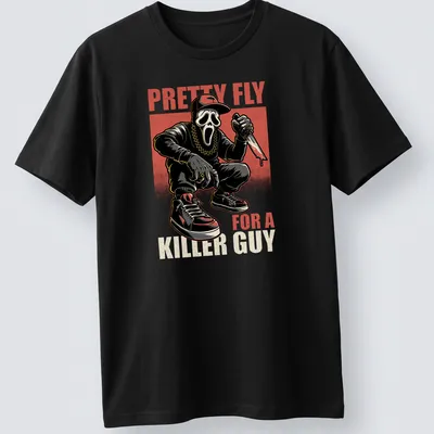 Comic style horror movie t-shirt featuring a masked character with a knife and bold text — printed on a unisex t-shirt