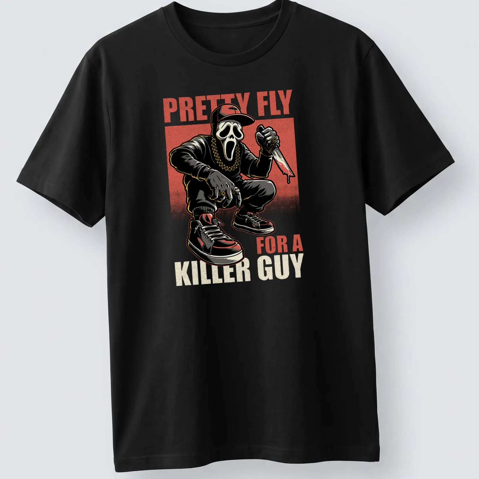 Comic style horror movie t-shirt featuring a masked character with a knife and bold text — printed on a unisex t-shirt