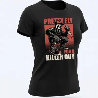 Comic style horror movie t-shirt featuring a masked character with a knife and bold text — printed on a women's shirt