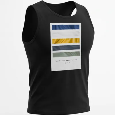 Football kit inspired t-shirt featuring Pride of Merseyside 26/27 in blue and white — printed on a tank top