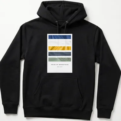 Football kit inspired t-shirt featuring Pride of Merseyside 26/27 in blue and white — printed on a unisex hoodie