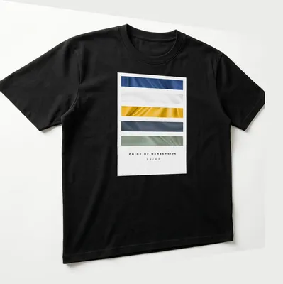 Football kit inspired t-shirt featuring Pride of Merseyside 26/27 in blue and white — printed on a unisex t-shirt (angled view)