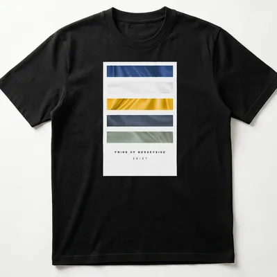 Football kit inspired t-shirt featuring Pride of Merseyside 26/27 in blue and white