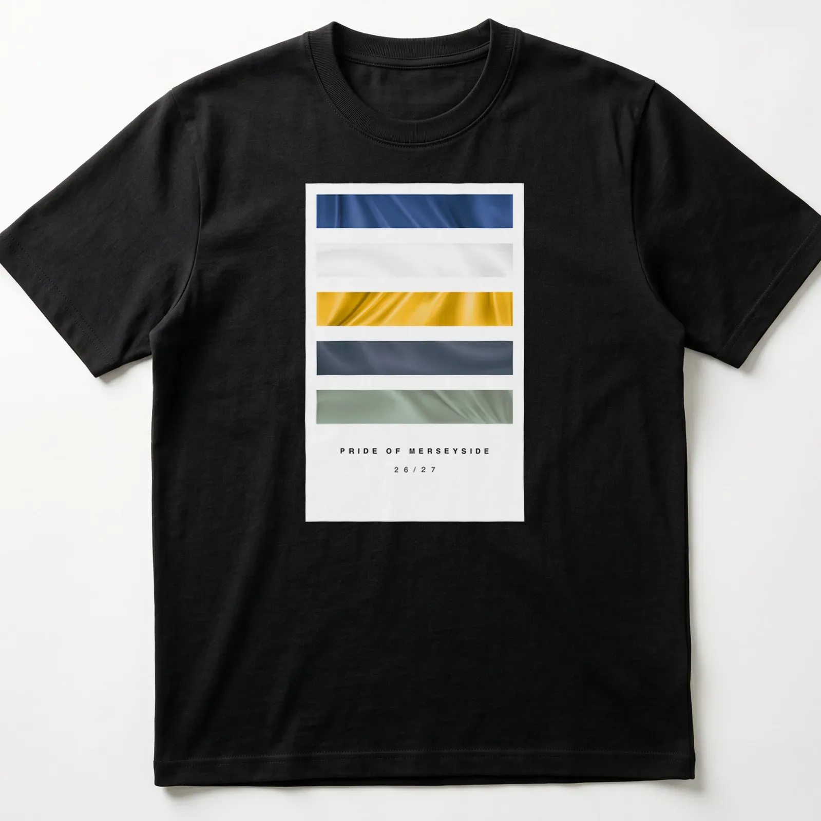 Football kit inspired t-shirt featuring Pride of Merseyside 26/27 in blue and white — printed on a unisex t-shirt