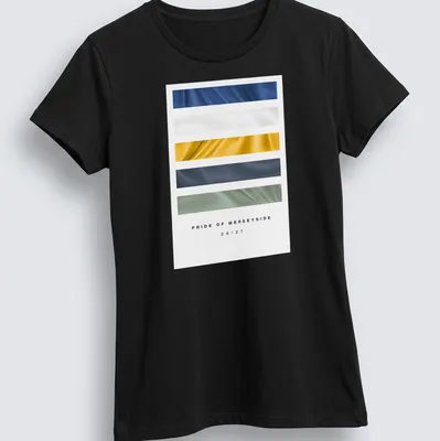 Football kit inspired t-shirt featuring Pride of Merseyside 26/27 in blue and white — printed on a women's shirt