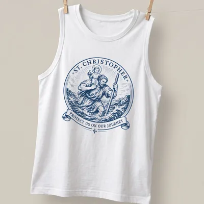 Vintage illustration of St. Christopher carrying a child with protective text. — printed on a tank top