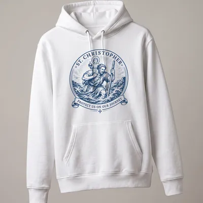 Vintage illustration of St. Christopher carrying a child with protective text. — printed on a unisex hoodie