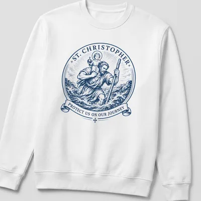 Vintage illustration of St. Christopher carrying a child with protective text. — printed on a unisex sweatshirt