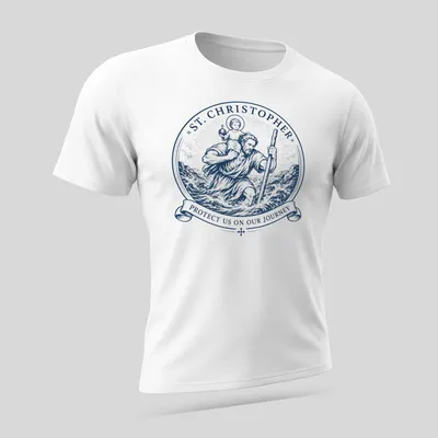 Vintage illustration of St. Christopher carrying a child with protective text. — printed on a unisex t-shirt (angled view)