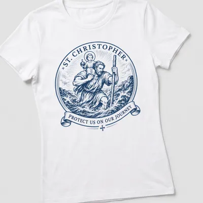 Vintage illustration of St. Christopher carrying a child with protective text. — printed on a women's shirt
