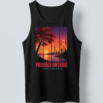 Illustration of Toronto skyline at sunset with Canadian flag and text. — printed on a tank top