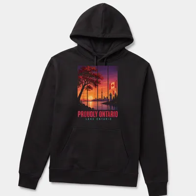Illustration of Toronto skyline at sunset with Canadian flag and text. — printed on a unisex hoodie