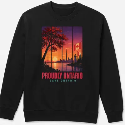 Illustration of Toronto skyline at sunset with Canadian flag and text. — printed on a unisex sweatshirt