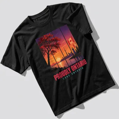Illustration of Toronto skyline at sunset with Canadian flag and text. — printed on a unisex t-shirt