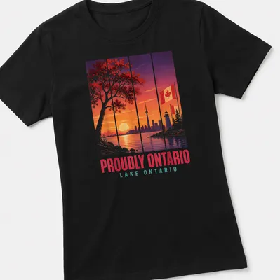 Illustration of Toronto skyline at sunset with Canadian flag and text. — printed on a women's shirt