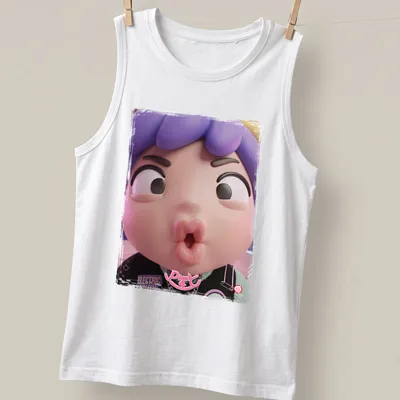 Kawaii chibi character with a pucker face, colorful design in pink and purple — printed on a tank top