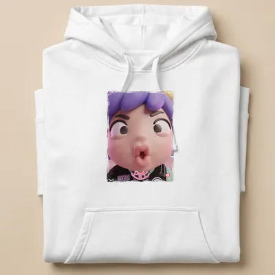Kawaii chibi character with a pucker face, colorful design in pink and purple — printed on a unisex hoodie