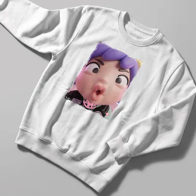 Kawaii chibi character with a pucker face, colorful design in pink and purple — printed on a unisex sweatshirt