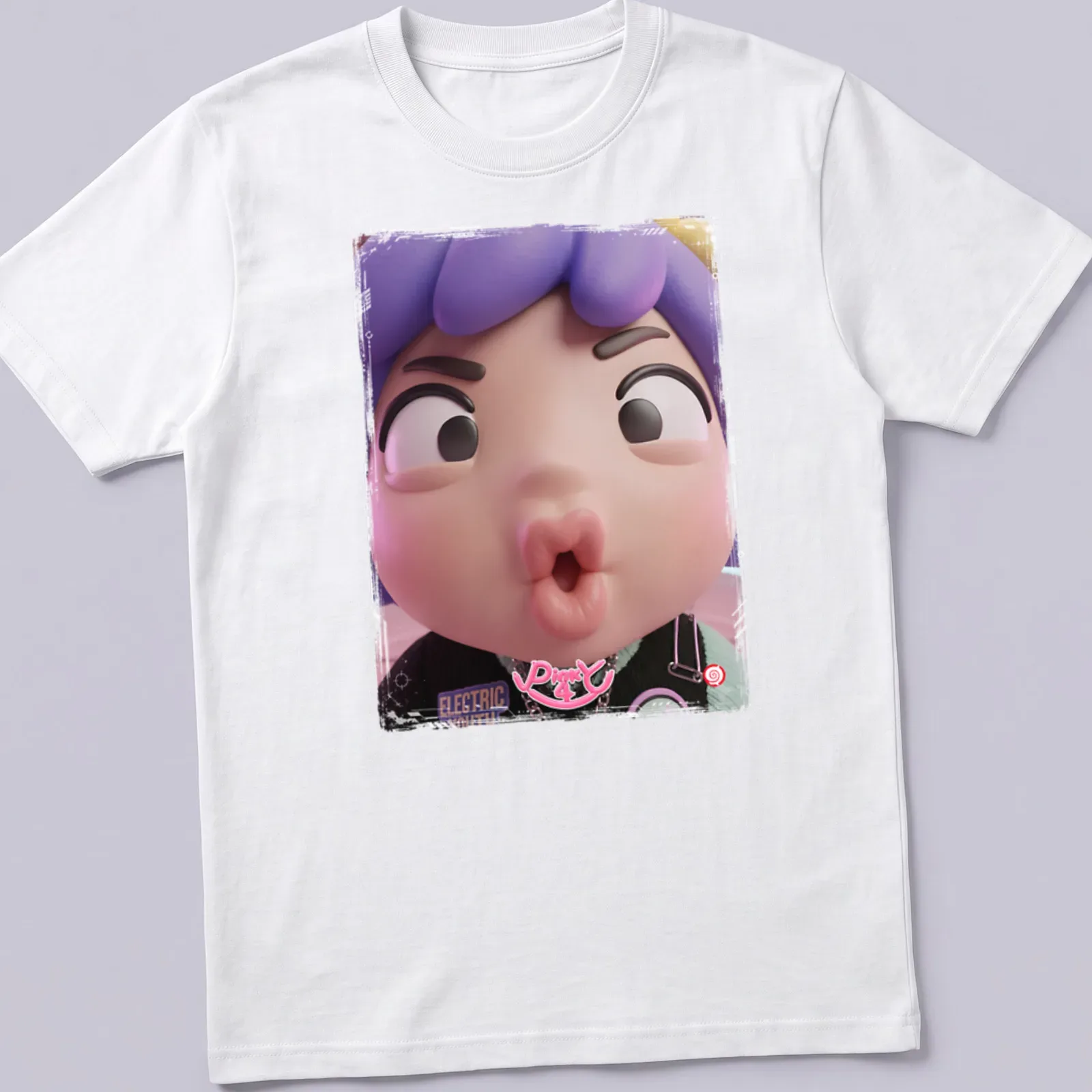 Kawaii chibi character with a pucker face, colorful design in pink and purple — printed on a unisex t-shirt