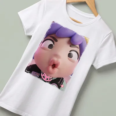 Kawaii chibi character with a pucker face, colorful design in pink and purple — printed on a women's shirt