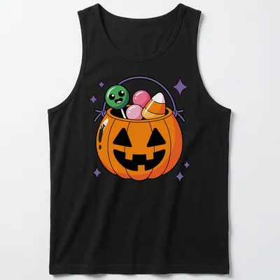 Kawaii-style t-shirt featuring a happy pumpkin candy pail — printed on a tank top