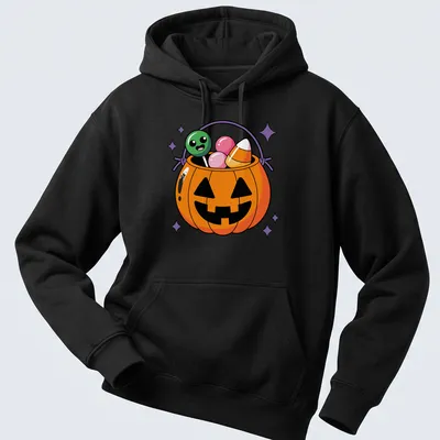 Kawaii-style t-shirt featuring a happy pumpkin candy pail — printed on a unisex hoodie