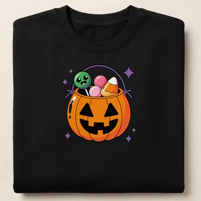 Kawaii-style t-shirt featuring a happy pumpkin candy pail — printed on a unisex sweatshirt