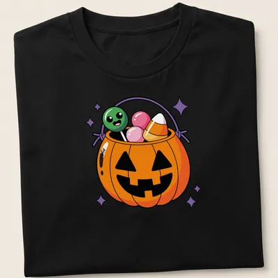 Kawaii-style t-shirt featuring a happy pumpkin candy pail — printed on a unisex t-shirt