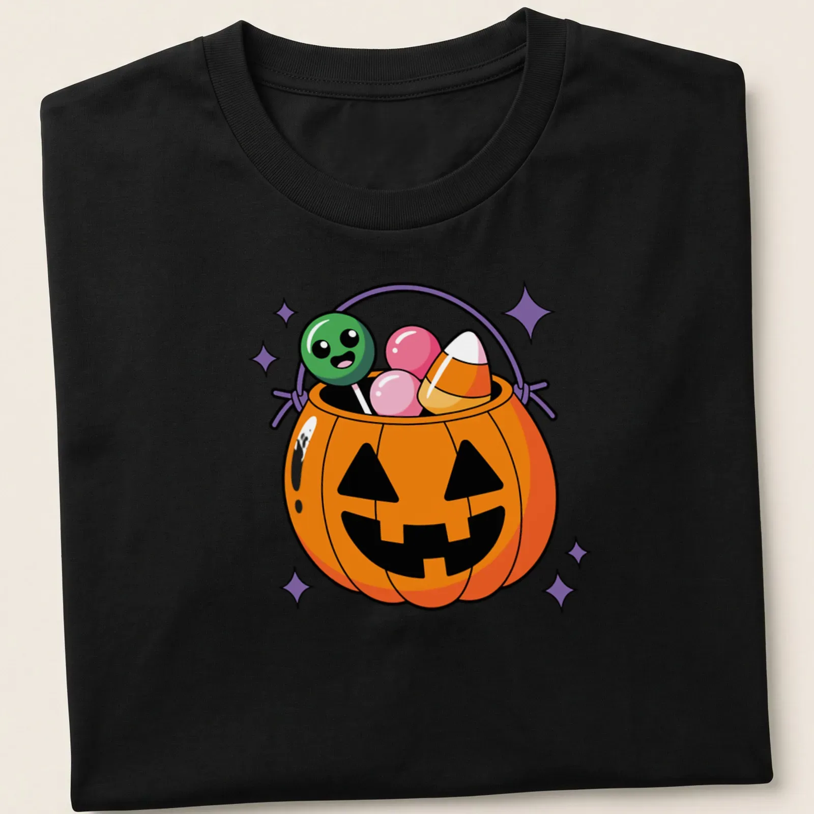 Kawaii-style t-shirt featuring a happy pumpkin candy pail — printed on a unisex t-shirt