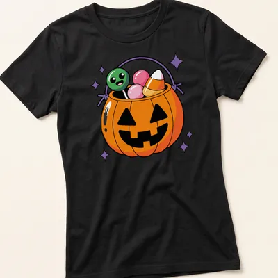 Kawaii-style t-shirt featuring a happy pumpkin candy pail — printed on a women's shirt