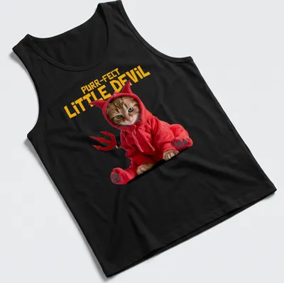 Playful illustration of a cat with the phrase 'Purr-fect Little Devil' in vibrant colors. — printed on a tank top