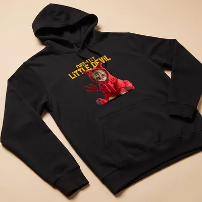 Playful illustration of a cat with the phrase 'Purr-fect Little Devil' in vibrant colors. — printed on a unisex hoodie