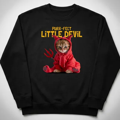 Playful illustration of a cat with the phrase 'Purr-fect Little Devil' in vibrant colors. — printed on a unisex sweatshirt
