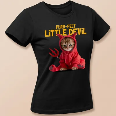 Playful illustration of a cat with the phrase 'Purr-fect Little Devil' in vibrant colors. — printed on a women's shirt
