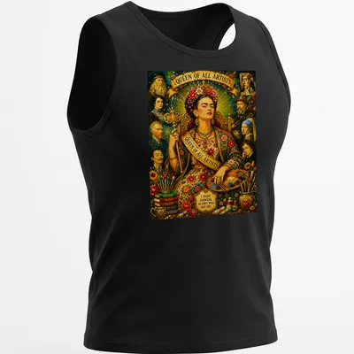 Vibrant portrait of Frida Kahlo with flowers and bold text about art. — printed on a tank top