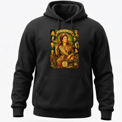 Vibrant portrait of Frida Kahlo with flowers and bold text about art. — printed on a unisex hoodie