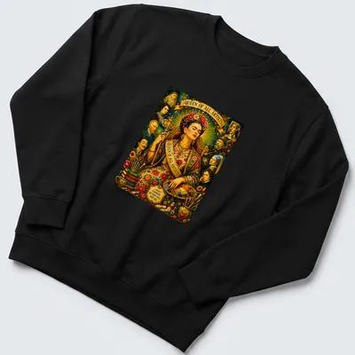 Vibrant portrait of Frida Kahlo with flowers and bold text about art. — printed on a unisex sweatshirt
