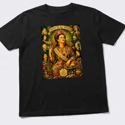 Vibrant portrait of Frida Kahlo with flowers and bold text about art.
