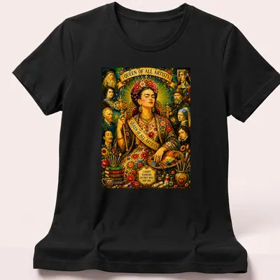 Vibrant portrait of Frida Kahlo with flowers and bold text about art. — printed on a women's shirt